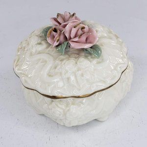 Porcelain Embossed Trinket Box Lidded Roses